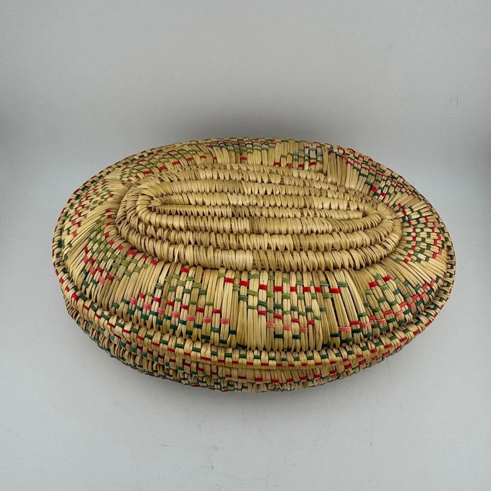 Handmade Woven Lidded Basket Medium Natural Red Green Excellent Boho Oval Decor